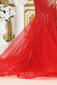 Red Bustier Illusion Top Deep V Neck Mermaid Dress