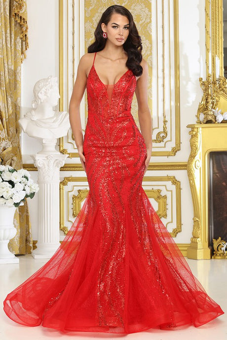 Red Bustier Illusion Top Deep V Neck Mermaid Dress