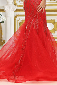 Red Bustier Illusion Top Deep V Neck Mermaid Dress