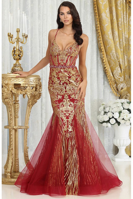 Burgundy/Gold Golden Glitter Print Mermaid Dress