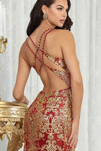 Burgundy/Gold Golden Glitter Print Mermaid Dress