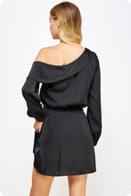 Black One Shoulder Draped Satin Mini Dress