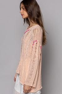 Peach Jam Stitch Detail Long Sleeve Distressed Sweater