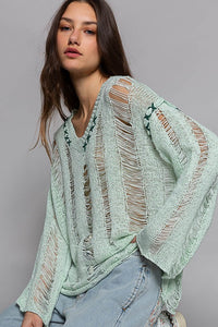 Lime Cream Stitch Detail Long Sleeve Distressed Sweater