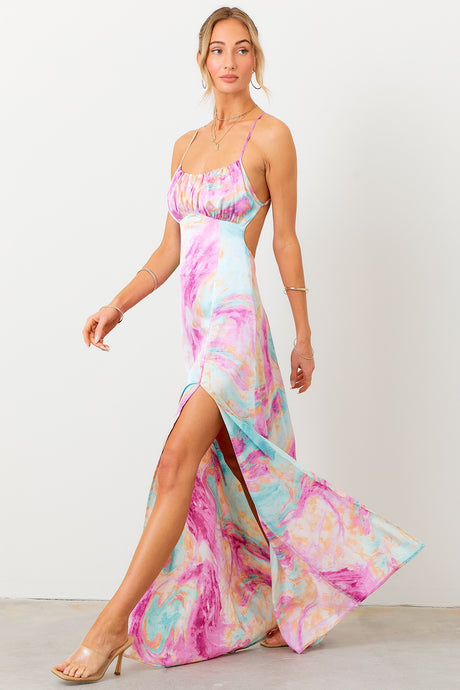 Pink/Blue Printed Open Back Maxi Dress