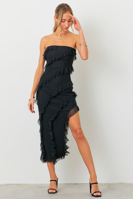 Black Strapless Frill Dress