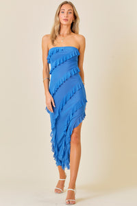 Blue Strapless Frill Dress