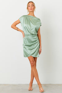 Green Wrap Hem Satin Mini Dress