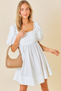 White Ruffle Square A-line Cotton Midi Dresses