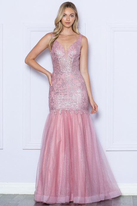 Rose Gold Deep V Neck Sequin/Glitter Embellished Mermaid Dress