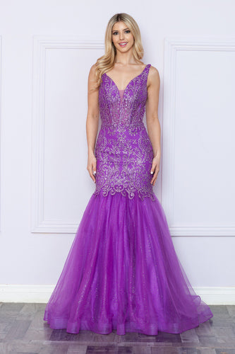 Purple Deep V Neck Sequin/Glitter Embellished Mermaid Dress