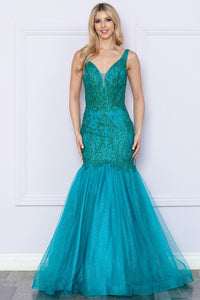 Teal Deep V Neck Sequin/Glitter Embellished Mermaid Dress