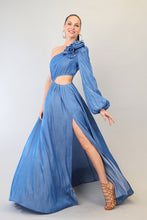 Denim One Shoulder Corsage Attached Long Lantern Slv Maxi Dress