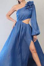Denim One Shoulder Corsage Attached Long Lantern Slv Maxi Dress