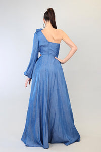 Denim One Shoulder Corsage Attached Long Lantern Slv Maxi Dress