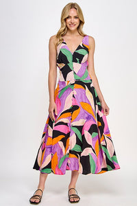 Black Multi Leaf Print Midi Dress