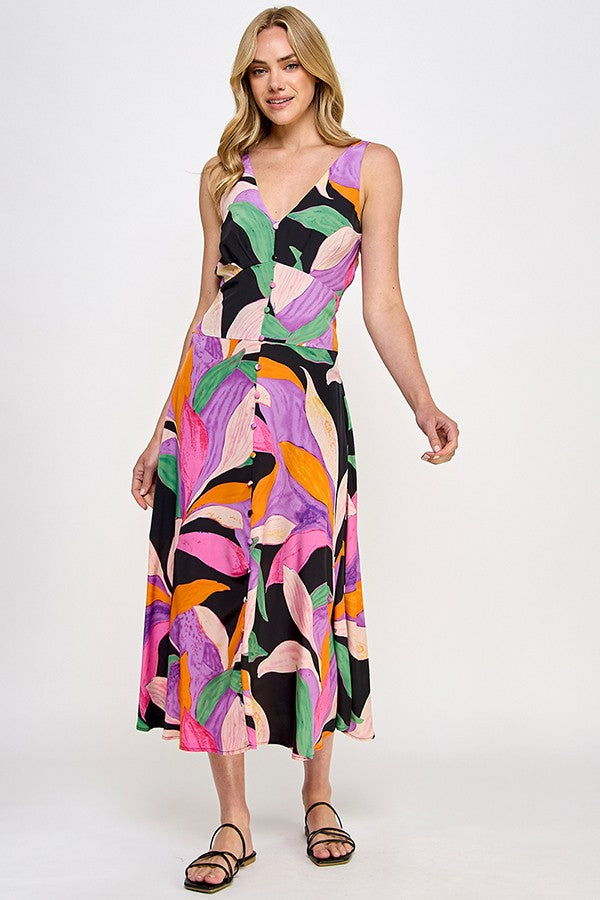 Black Multi Leaf Print Midi Dress