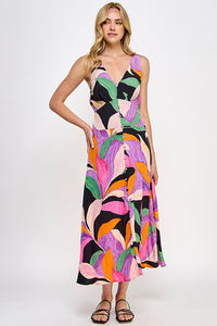 Black Multi Leaf Print Midi Dress