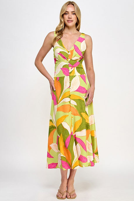 Green Multi Leaf Print Midi Dress