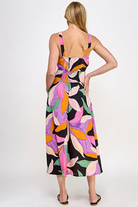 Black Multi Leaf Print Midi Dress