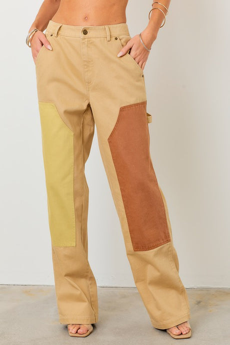 Khaki Color Block Straight Leg Denim Pants