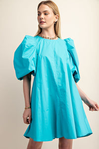 Aqua Puff Sleeve Mini Dress