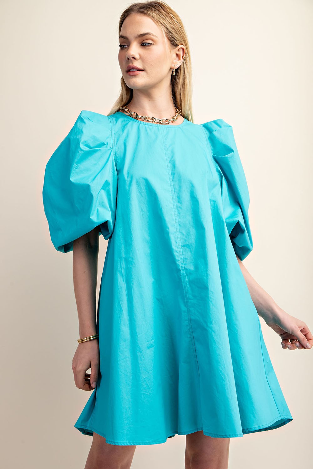 Aqua Puff Sleeve Mini Dress