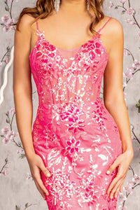Hot Pink Sequin/Glitter Bustier Illusion Top Trumpet Dress