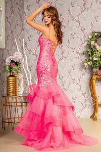 Hot Pink Sequin/Glitter Bustier Illusion Top Trumpet Dress