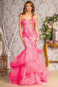 Hot Pink Sequin/Glitter Bustier Illusion Top Trumpet Dress