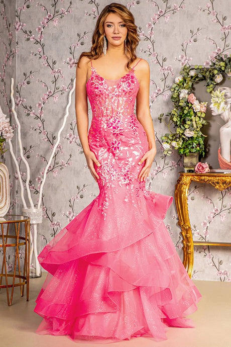Hot Pink Sequin/Glitter Bustier Illusion Top Trumpet Dress