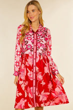 Pink Floral Print Long Sleebe Button Down Belted Dress