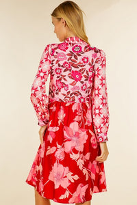 Pink Floral Print Long Sleebe Button Down Belted Dress