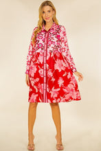 Pink Floral Print Long Sleebe Button Down Belted Dress