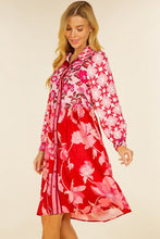 Pink Floral Print Long Sleebe Button Down Belted Dress