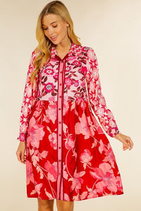 Pink Floral Print Long Sleebe Button Down Belted Dress