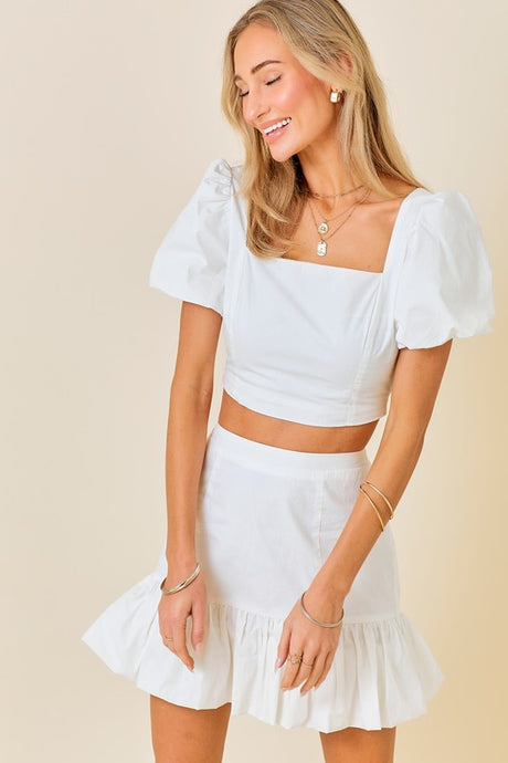 White Ruffle Puff Sleeve Crop Top Mini Skirt Set