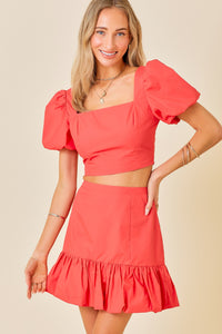 Strawberry Ruffle Puff Sleeve Crop Top Mini Skirt Set
