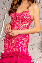Fuchsia Sequin Sheer Bodice Ruffle Skirt Trumpet Dress