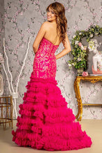 Fuchsia Sequin Sheer Bodice Ruffle Skirt Trumpet Dress