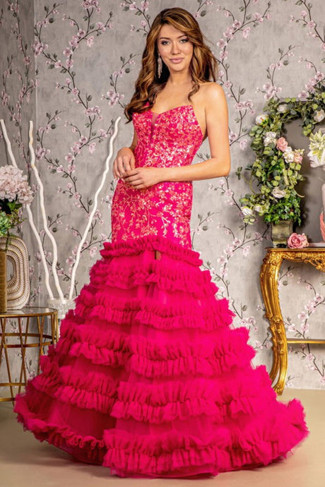 Fuchsia Sequin Sheer Bodice Ruffle Skirt Trumpet Dress