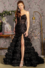 Black Sequin Sheer Bodice Ruffle Skirt Trumpet Dress