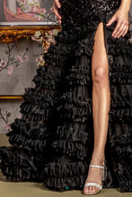 Black Sequin Sheer Bodice Ruffle Skirt Trumpet Dress