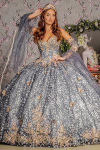 Gray Metallic 3D Butterfly Ribbon Quinceanera Ball Gown
