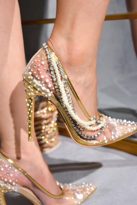 Gold Womens Rhinestone Pearl Clear Dress Shoes Aravalyn  Aquarius Brand