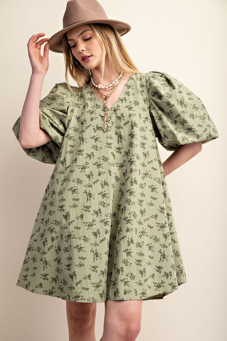 Olive Vintage Floral Print A-Line Mini Dress