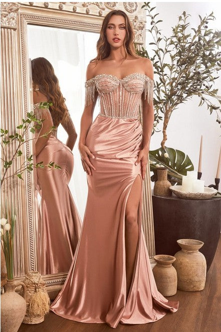 Rose Gold Embellished Off The Shoulder Satin Gown