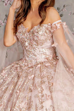 Mauve Off Shoulder Cape Sleeve Glitter Print Quinceanera