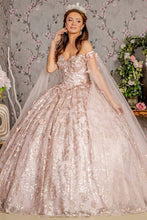 Mauve Off Shoulder Cape Sleeve Glitter Print Quinceanera