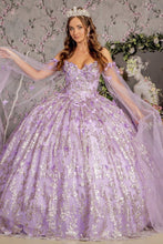 Lilac Off Shoulder Cape Sleeve Glitter Print Quinceanera